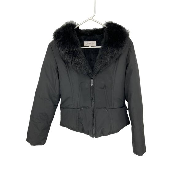 Calvin Klein Down Faux Fur Collar Full Zip Black Jacket Fury lining Size M - Picture 1 of 8